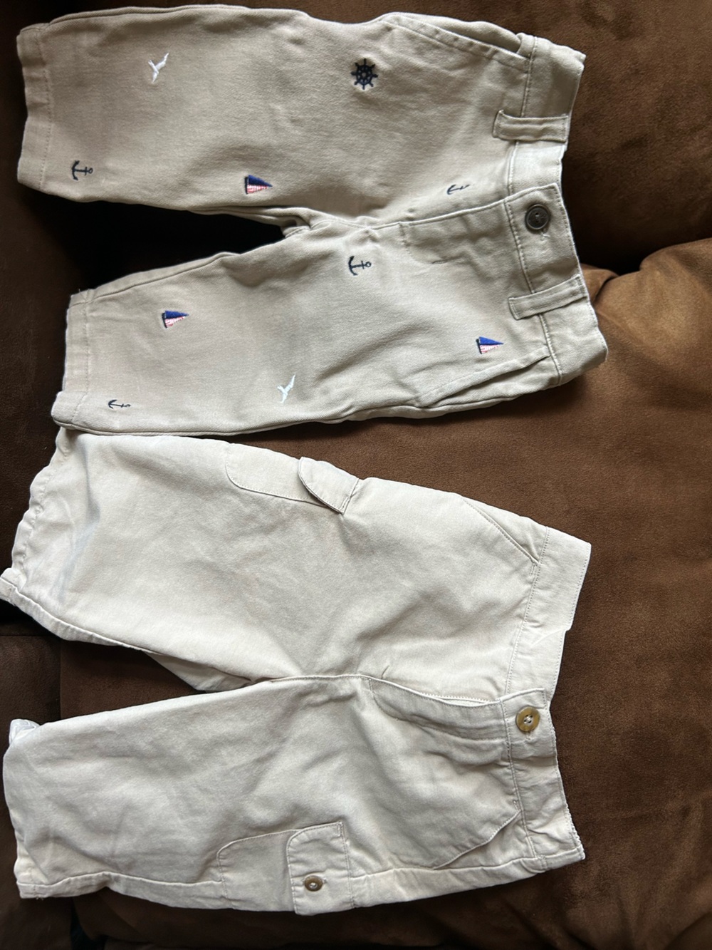 Two pairs of 3-6mo Janie and Jack khaki pants: nautical and basic